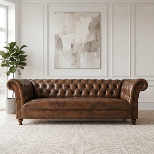 Chesterfield-Sofa aus braunem Echtleder, 3-Sitzer - Henry