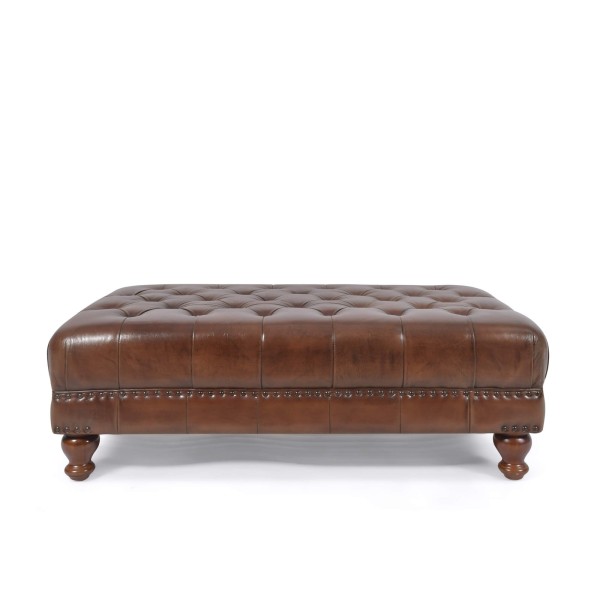 Gepolsterter Fußhocker mit Knopfheftung aus echtem braunem Leder