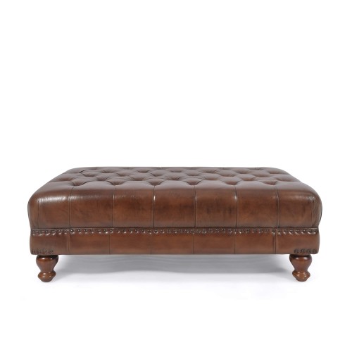 Gepolsterter Fußhocker mit Knopfheftung aus echtem braunem Leder