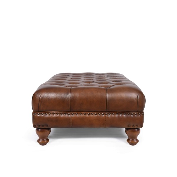 Gepolsterter Fußhocker mit Knopfheftung aus echtem braunem Leder