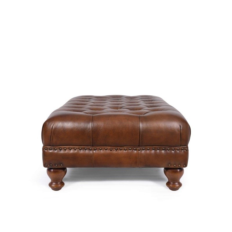 Gepolsterter Fußhocker mit Knopfheftung aus echtem braunem Leder