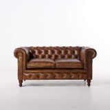 Chesterfield-Sofa aus braunem Echtleder, 2-Sitzer - Edward