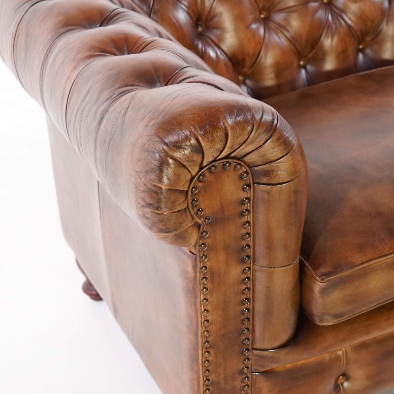 Chesterfield-Sofa aus braunem Echtleder, 2-Sitzer - Edward