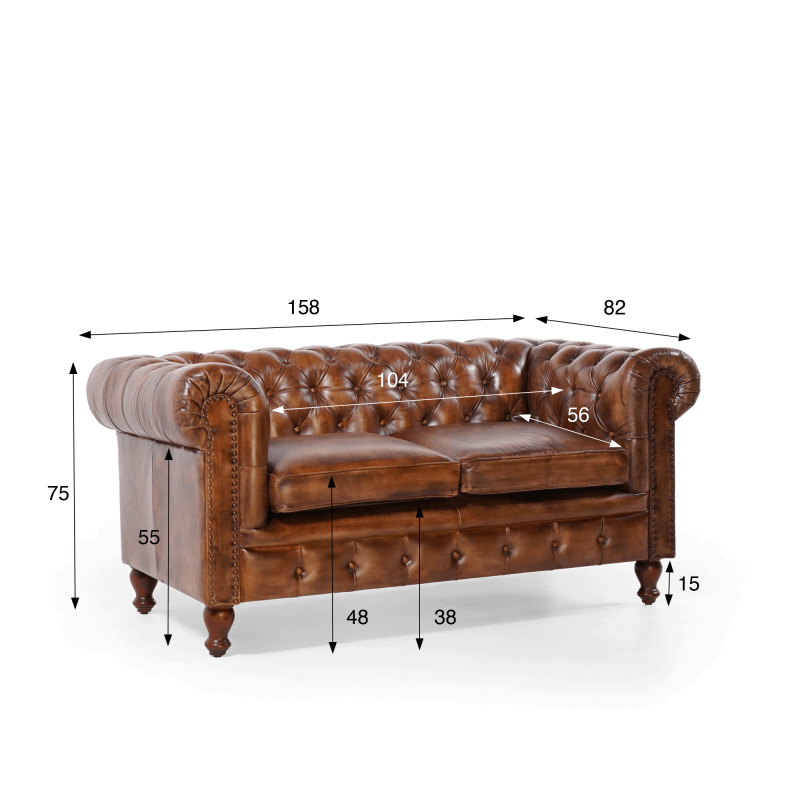 Chesterfield-Sofa aus braunem Echtleder, 2-Sitzer - Edward