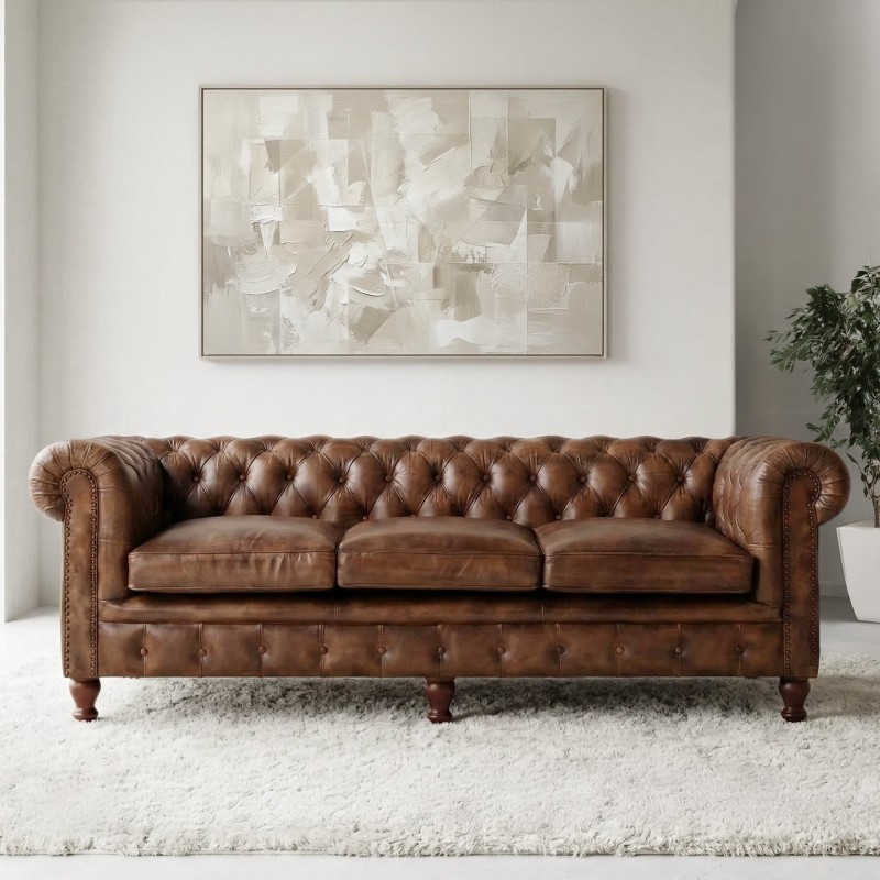 Chesterfield-Sofa aus braunem Echtleder, 3-Sitzer - Edward