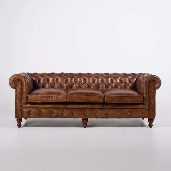 Chesterfield-Sofa aus braunem Echtleder, 3-Sitzer - Edward