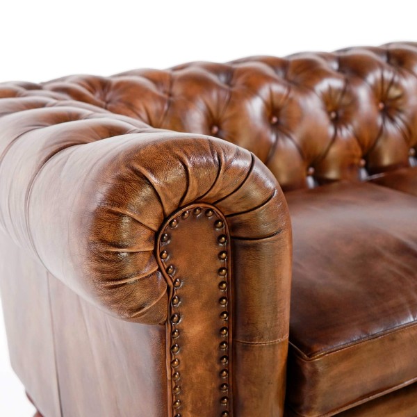Chesterfield-Sofa aus braunem Echtleder, 3-Sitzer - Edward