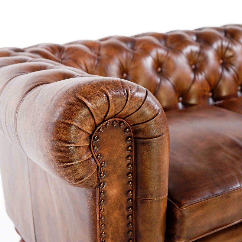 Chesterfield-Sofa aus braunem Echtleder, 3-Sitzer - Edward