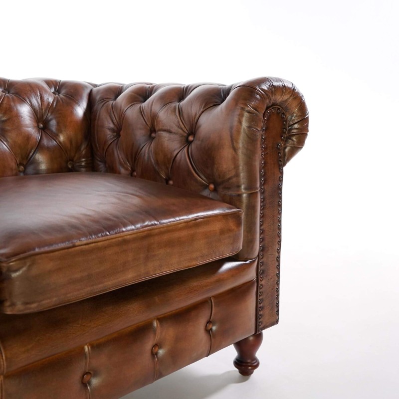 Chesterfield-Sofa aus braunem Echtleder, 3-Sitzer - Edward
