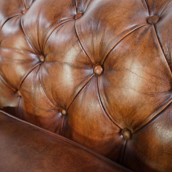 Chesterfield-Sofa aus braunem Echtleder, 3-Sitzer - Edward