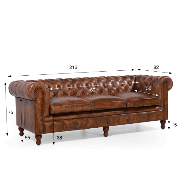 Chesterfield-Sofa aus braunem Echtleder, 3-Sitzer - Edward