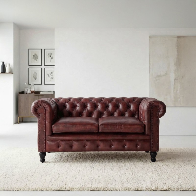 Chesterfield-Sofa aus bordeauxfarbenem Echtleder, 2-Sitzer - Edward