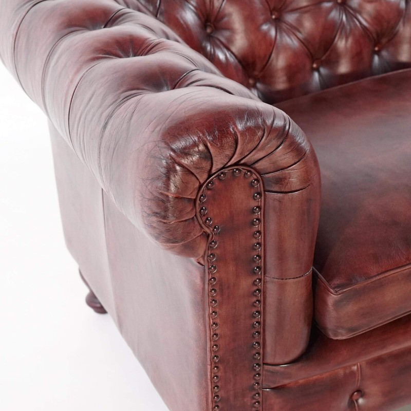 Chesterfield-Sofa aus bordeauxfarbenem Echtleder, 2-Sitzer - Edward
