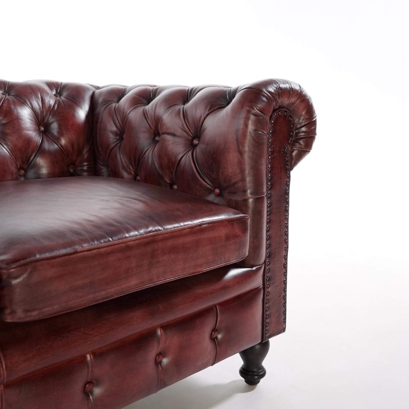 Chesterfield-Sofa aus bordeauxfarbenem Echtleder, 2-Sitzer - Edward