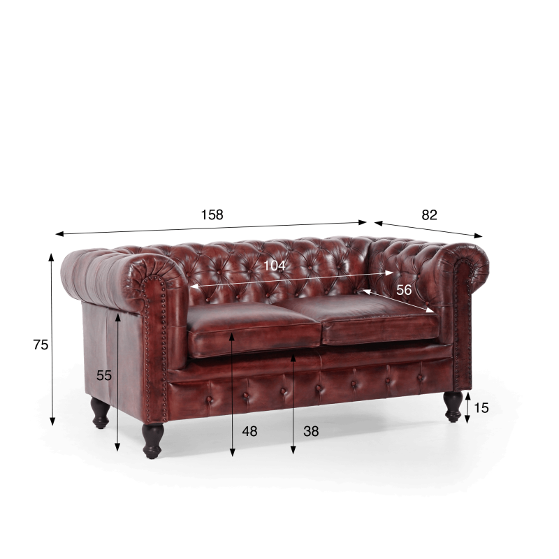 Chesterfield-Sofa aus bordeauxfarbenem Echtleder, 2-Sitzer - Edward