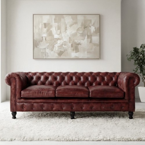 Chesterfield-Sofa aus bordeauxfarbenem Echtleder, 3-Sitzer - Edward