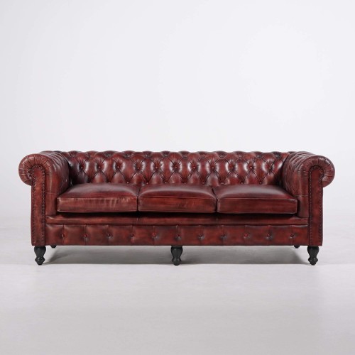 Chesterfield-Sofa aus bordeauxfarbenem Echtleder, 3-Sitzer - Edward