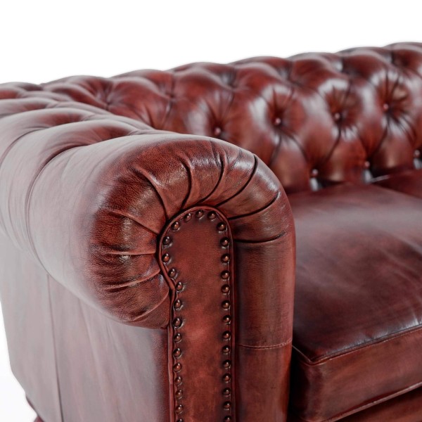 Chesterfield-Sofa aus bordeauxfarbenem Echtleder, 3-Sitzer - Edward