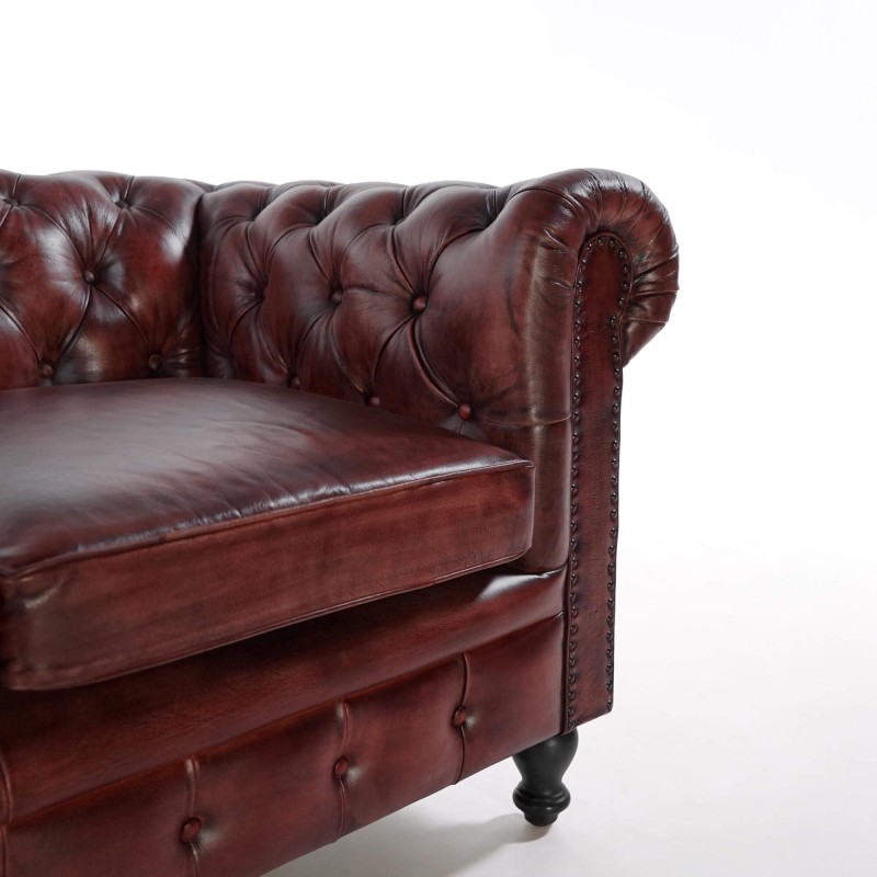 Chesterfield-Sofa aus bordeauxfarbenem Echtleder, 3-Sitzer - Edward