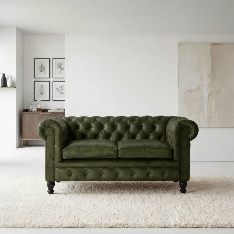 Chesterfield-Sofa aus grünem Echtleder, 2-Sitzer - Edward