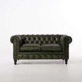 Chesterfield-Sofa aus grünem Echtleder, 2-Sitzer - Edward