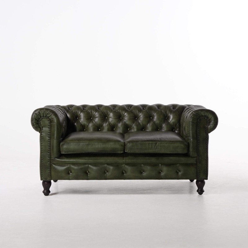 Chesterfield-Sofa aus grünem Echtleder, 2-Sitzer - Edward