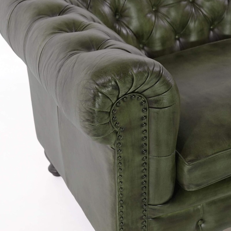 Chesterfield-Sofa aus grünem Echtleder, 2-Sitzer - Edward