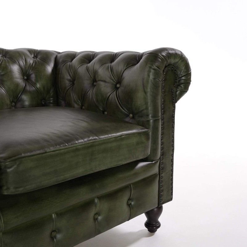 Chesterfield-Sofa aus grünem Echtleder, 2-Sitzer - Edward