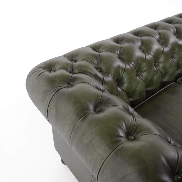 Chesterfield-Sofa aus grünem Echtleder, 2-Sitzer - Edward