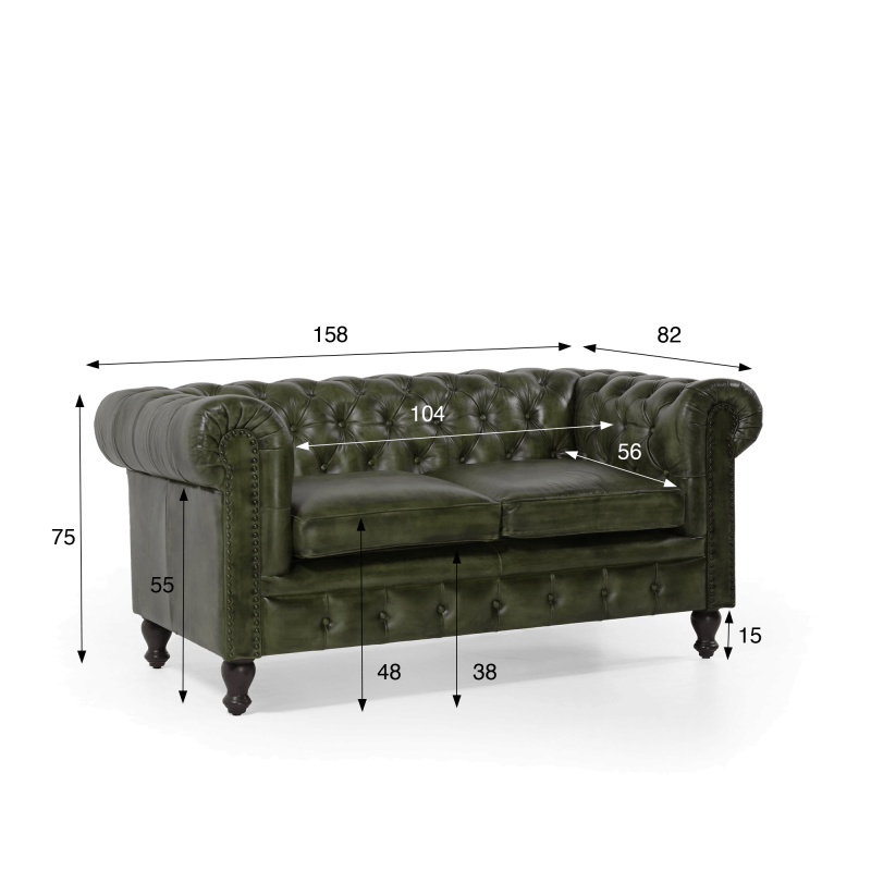 Chesterfield-Sofa aus grünem Echtleder, 2-Sitzer - Edward