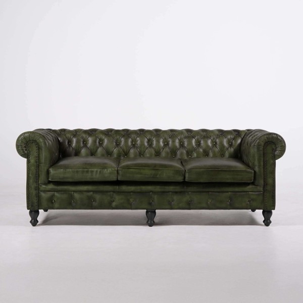 Chesterfield-Sofa aus grünem Echtleder, 3-Sitzer - Edward