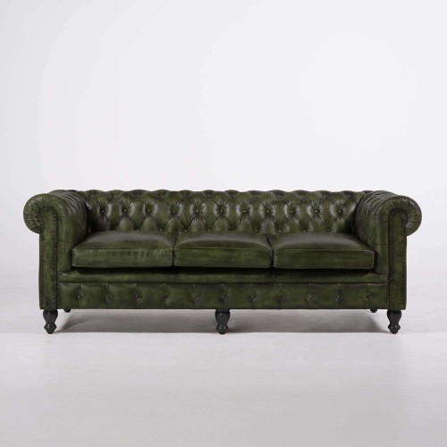 Chesterfield-Sofa aus grünem Echtleder, 3-Sitzer - Edward