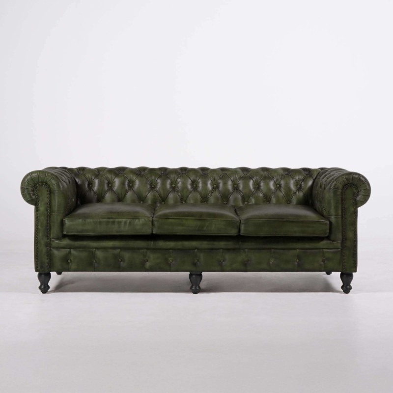 Chesterfield-Sofa aus grünem Echtleder, 3-Sitzer - Edward