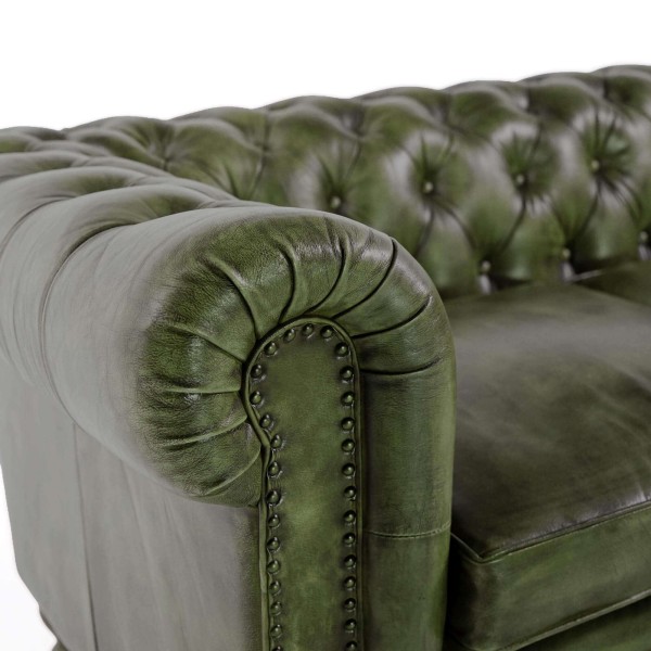 Chesterfield-Sofa aus grünem Echtleder, 3-Sitzer - Edward
