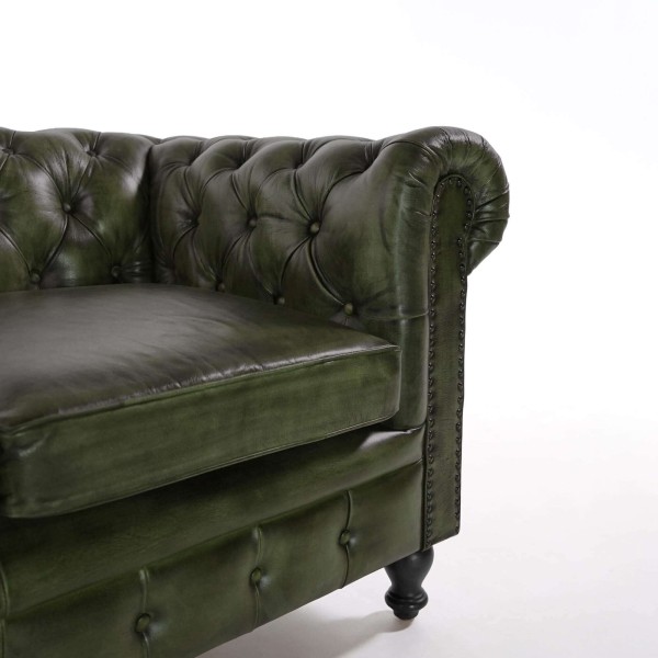 Chesterfield-Sofa aus grünem Echtleder, 3-Sitzer - Edward