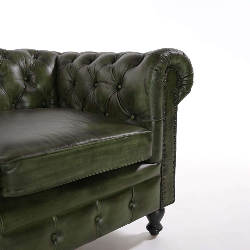 Chesterfield-Sofa aus grünem Echtleder, 3-Sitzer - Edward