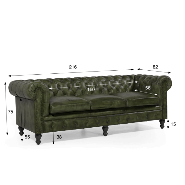 Chesterfield-Sofa aus grünem Echtleder, 3-Sitzer - Edward