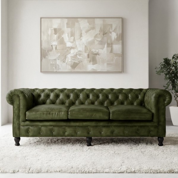 Chesterfield-Sofa aus grünem Echtleder, 3-Sitzer - Edward