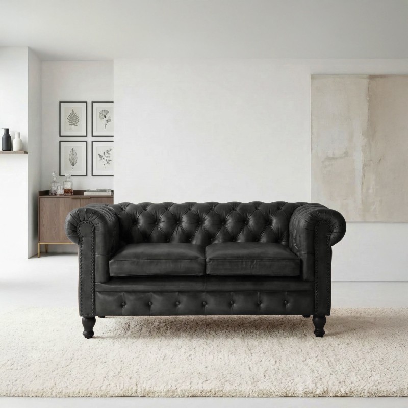 Chesterfield-Sofa aus schwarzem Echtleder, 2-Sitzer - Edward