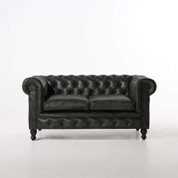 Chesterfield-Sofa aus schwarzem Echtleder, 2-Sitzer - Edward