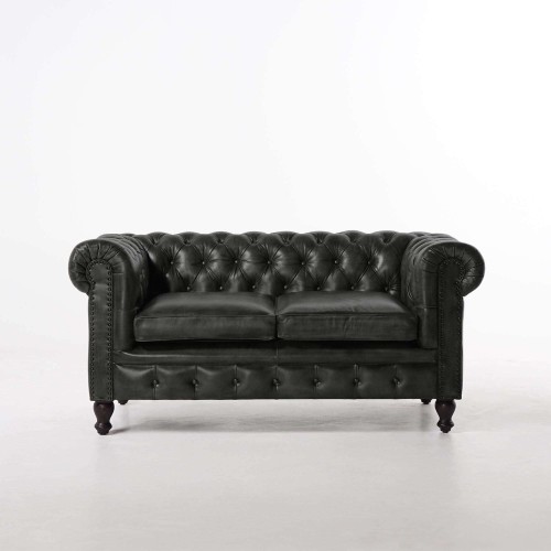 Chesterfield-Sofa aus schwarzem Echtleder, 2-Sitzer - Edward