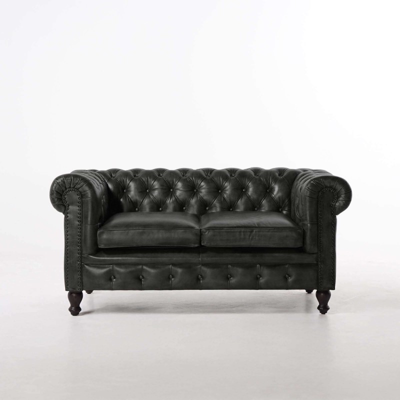 Chesterfield-Sofa aus schwarzem Echtleder, 2-Sitzer - Edward