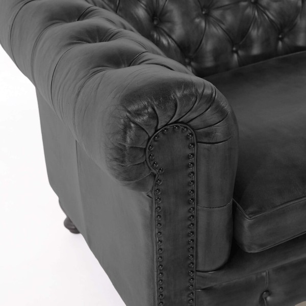 Chesterfield-Sofa aus schwarzem Echtleder, 2-Sitzer - Edward