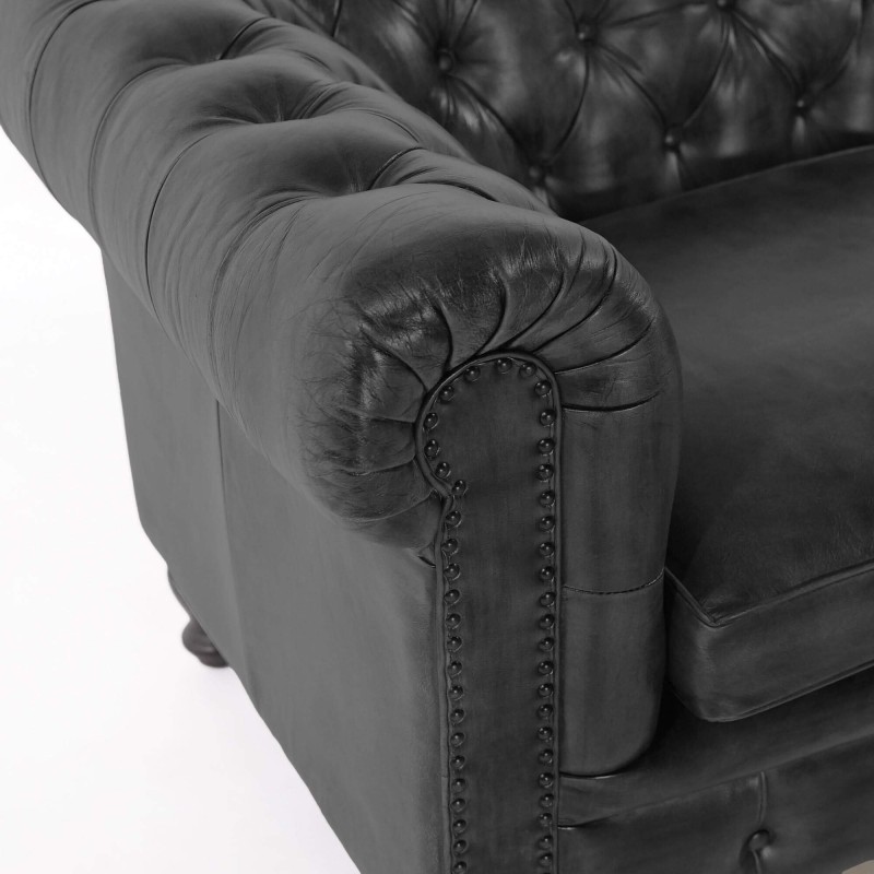 Chesterfield-Sofa aus schwarzem Echtleder, 2-Sitzer - Edward