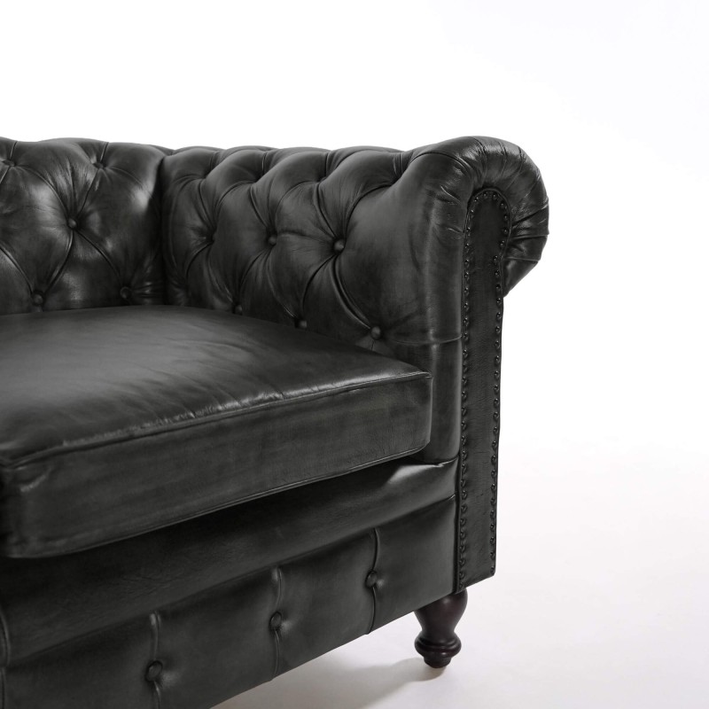 Chesterfield-Sofa aus schwarzem Echtleder, 2-Sitzer - Edward