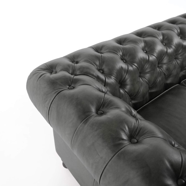 Chesterfield-Sofa aus schwarzem Echtleder, 2-Sitzer - Edward