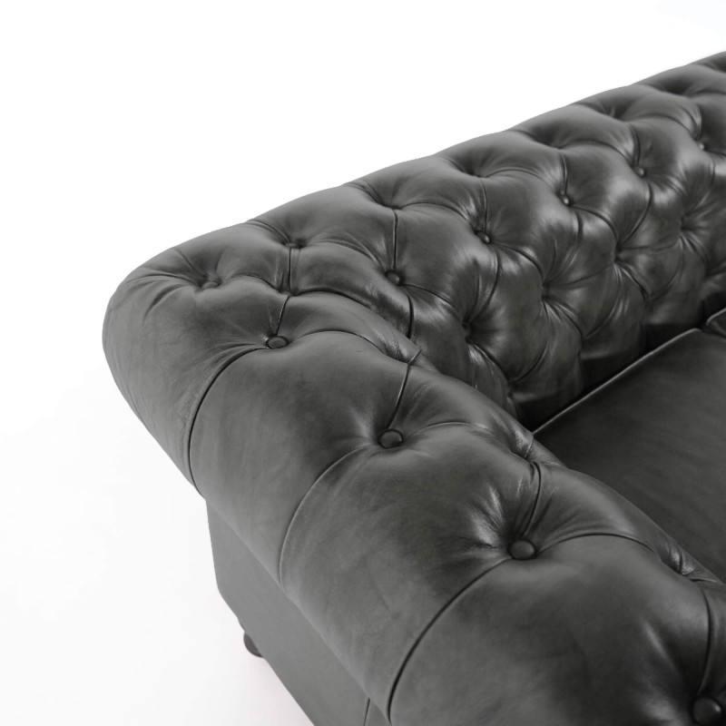 Chesterfield-Sofa aus schwarzem Echtleder, 2-Sitzer - Edward