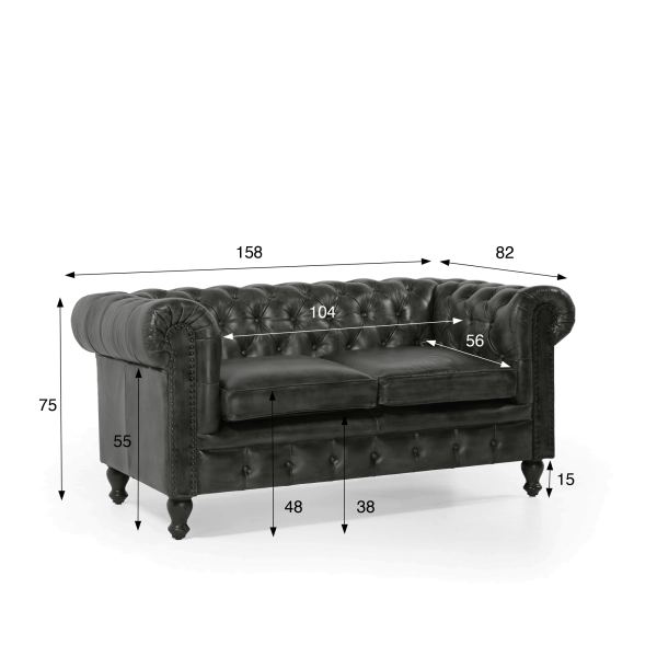 Chesterfield-Sofa aus schwarzem Echtleder, 2-Sitzer - Edward