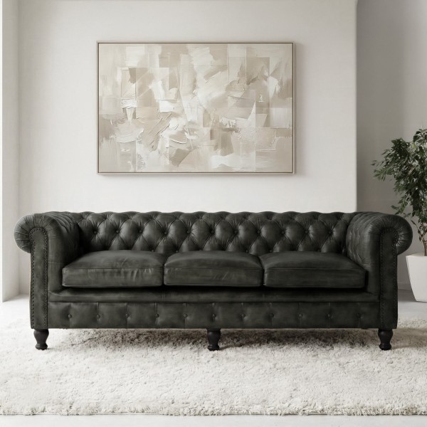 Chesterfield-Sofa aus schwarzem Echtleder, 3-Sitzer - Edward