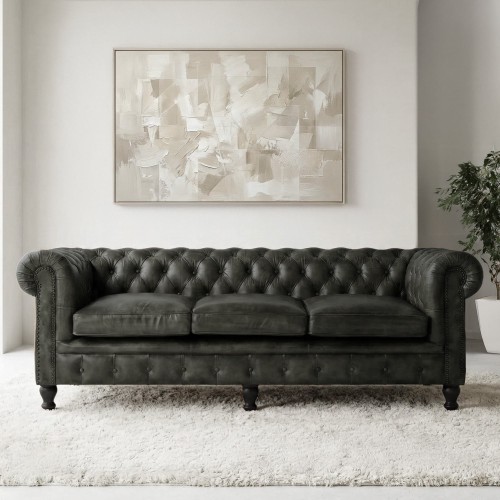 Chesterfield-Sofa aus schwarzem Echtleder, 3-Sitzer - Edward